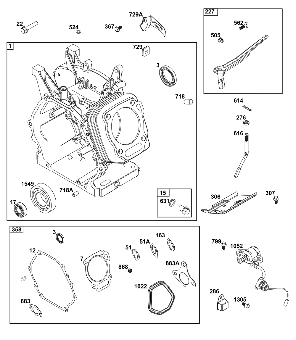 Cylinder Group Diagram and Parts List for 25T237-0145-H5 200000 - 399999 Briggs and Stratton Engine